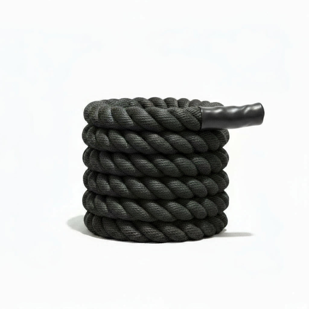 Studio photo of the Gorila Blackline Battle Rope tightly coiled in matte black showing 40.5 mm thickness, non-slip texture, and heat-shrink sealed ends on a white background.