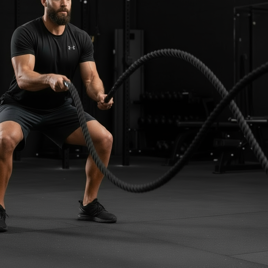 Athlete using the Gorila Blackline Battle Rope outdoors for high-intensity training, showcasing heavy-duty polyethylene construction and superior grip under tension.