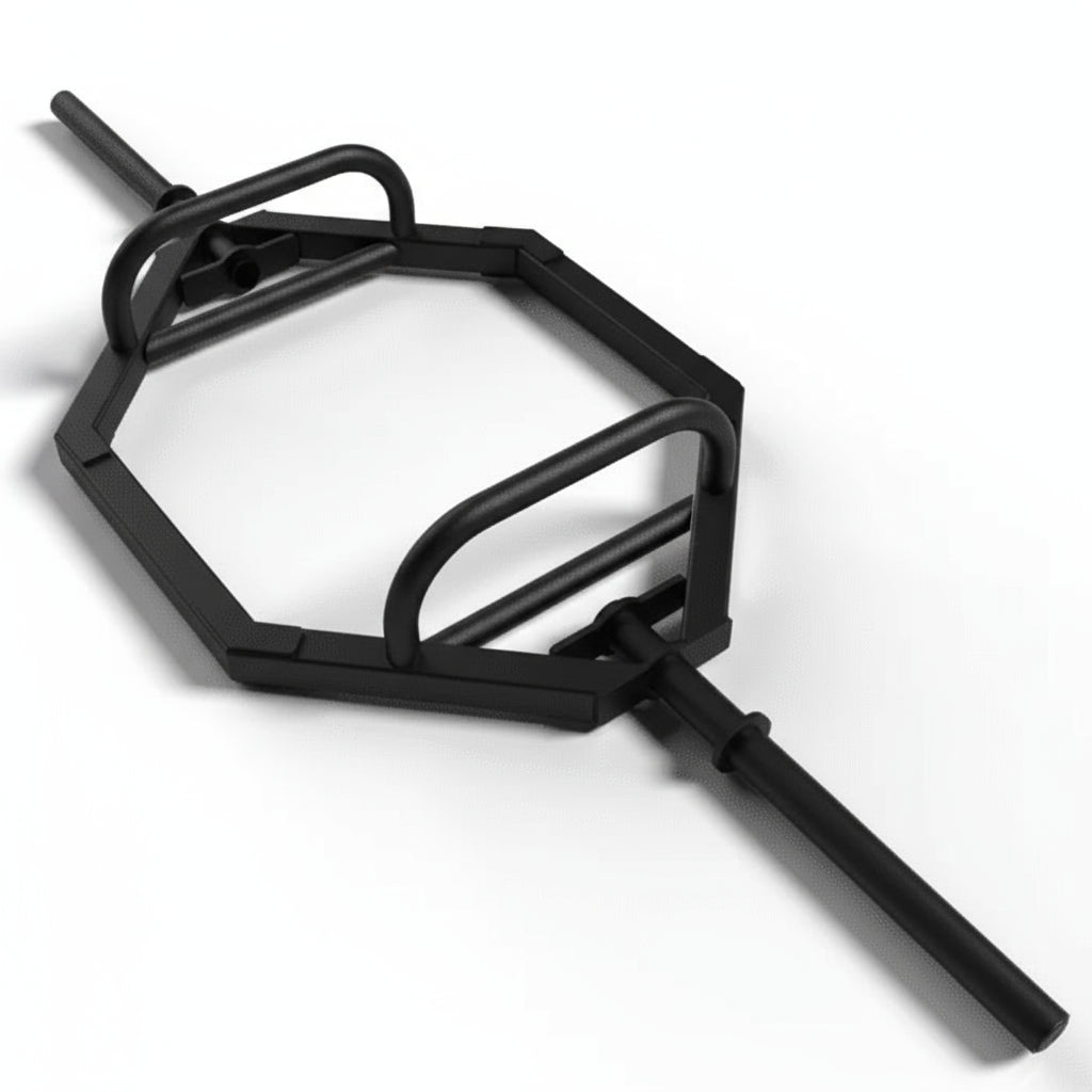 Gorila Blastoise Trap Bar angled studio shot showing hexagonal frame, raised neutral grip handles, and black powder-coated steel construction handcrafted in Canada.