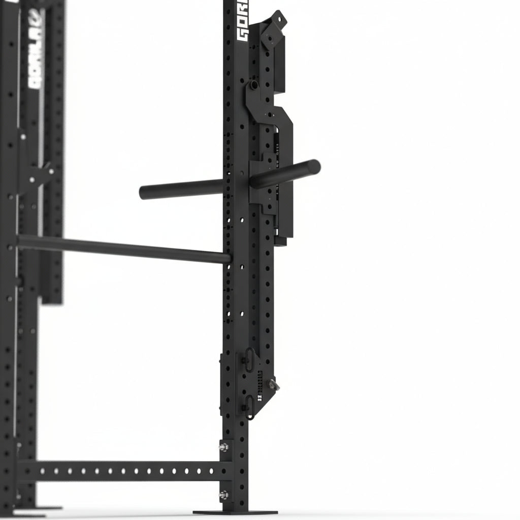 Detail view of Gorila Bull Belt Squat Attachment folded on power rack with plate holder and angled steel construction for stable weight loading.