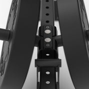 Front view of Plate loaded Gorila Bull Belt Squat Attachment installed on rack, showing compact footprint and Canadian engineering.