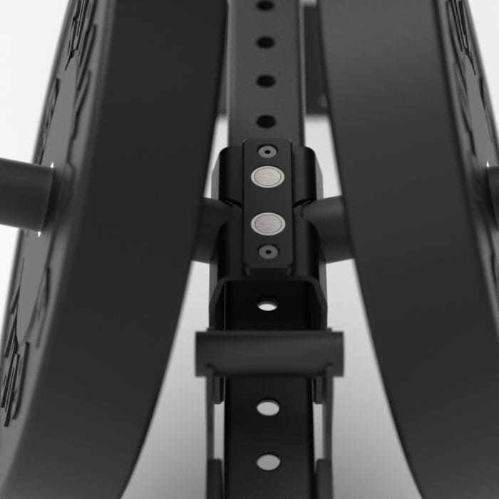 Front view of Plate loaded Gorila Bull Belt Squat Attachment installed on rack, showing compact footprint and Canadian engineering.