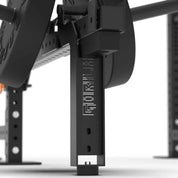 Close-up of Gorila Bull Belt Squat Attachment magnetized kickstand and pivot design for easy setup and safety with Gorila laser cut logo.