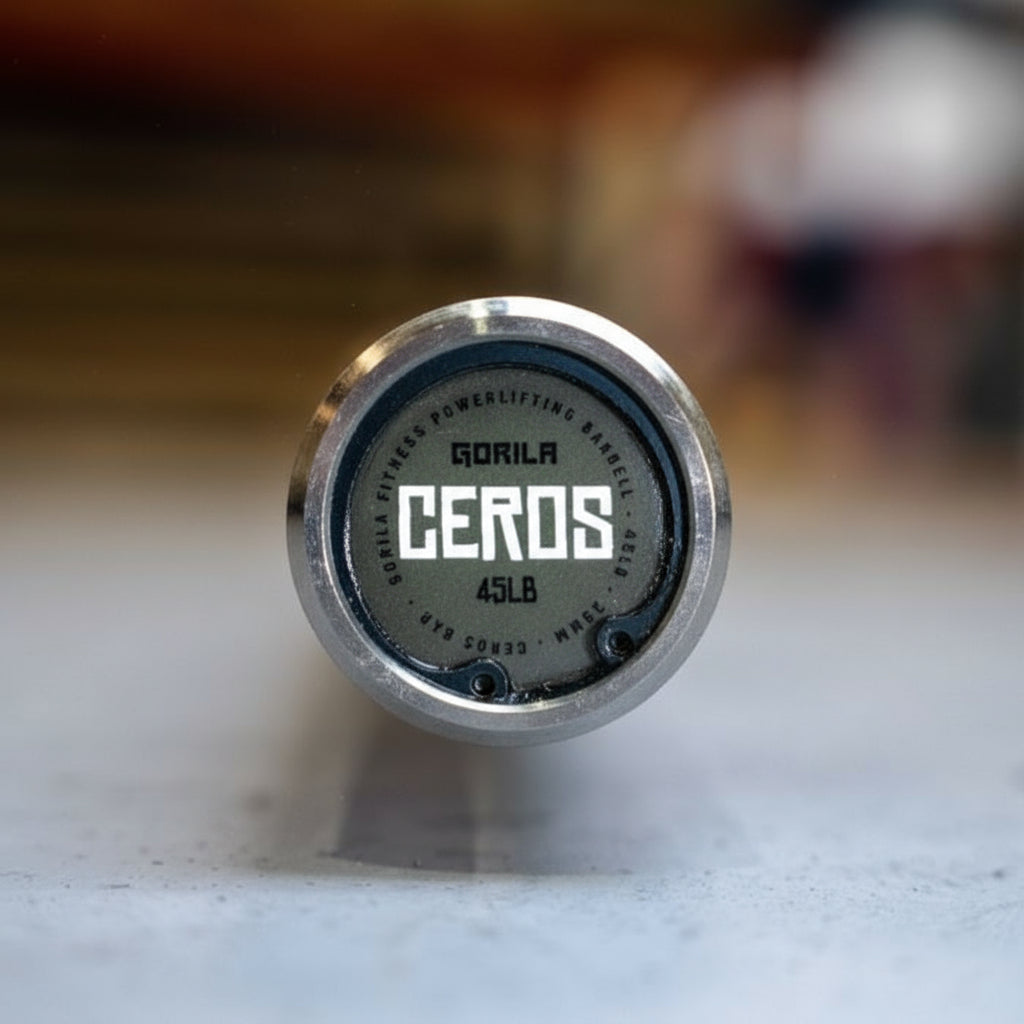 End cap of Gorila Ceros Power Bar featuring engraved logo and stainless steel finish, designed in Canada.
