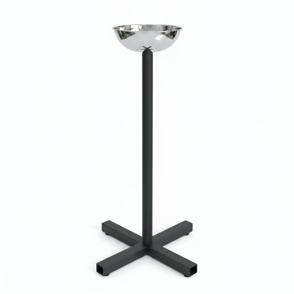 White Background Gorila Chalk Bucket – stainless steel bowl on a sturdy stand, ideal for weightlifting and powerlifting gyms to maintain grip and cleanliness.