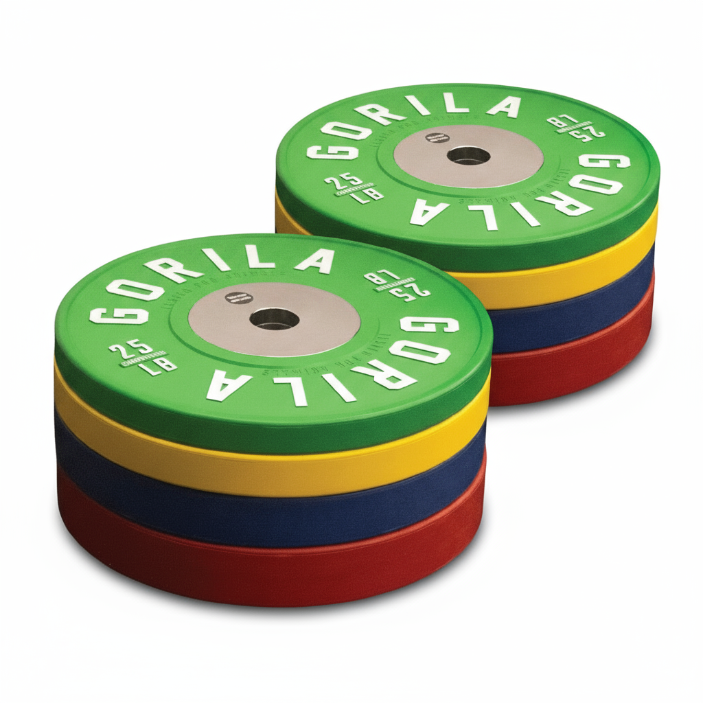 Full set of Gorila LB Calibrated Competition Weightlifting Plates stacked by color and weight