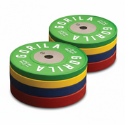 Full set of Gorila LB Calibrated Competition Weightlifting Plates stacked by color and weight