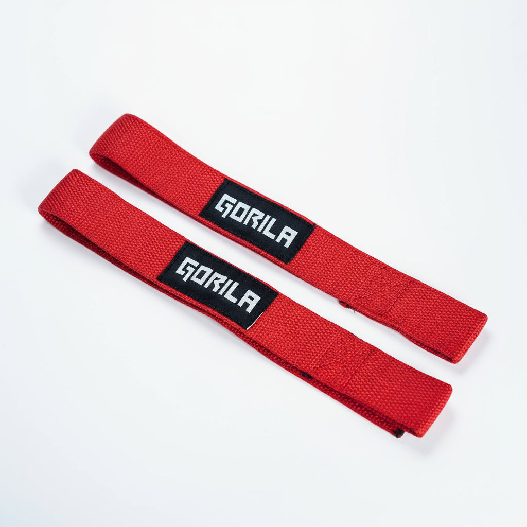 Red cotton lifting straps by Gorila Fitness – durable and comfortable straps designed for strength training and heavy lifting