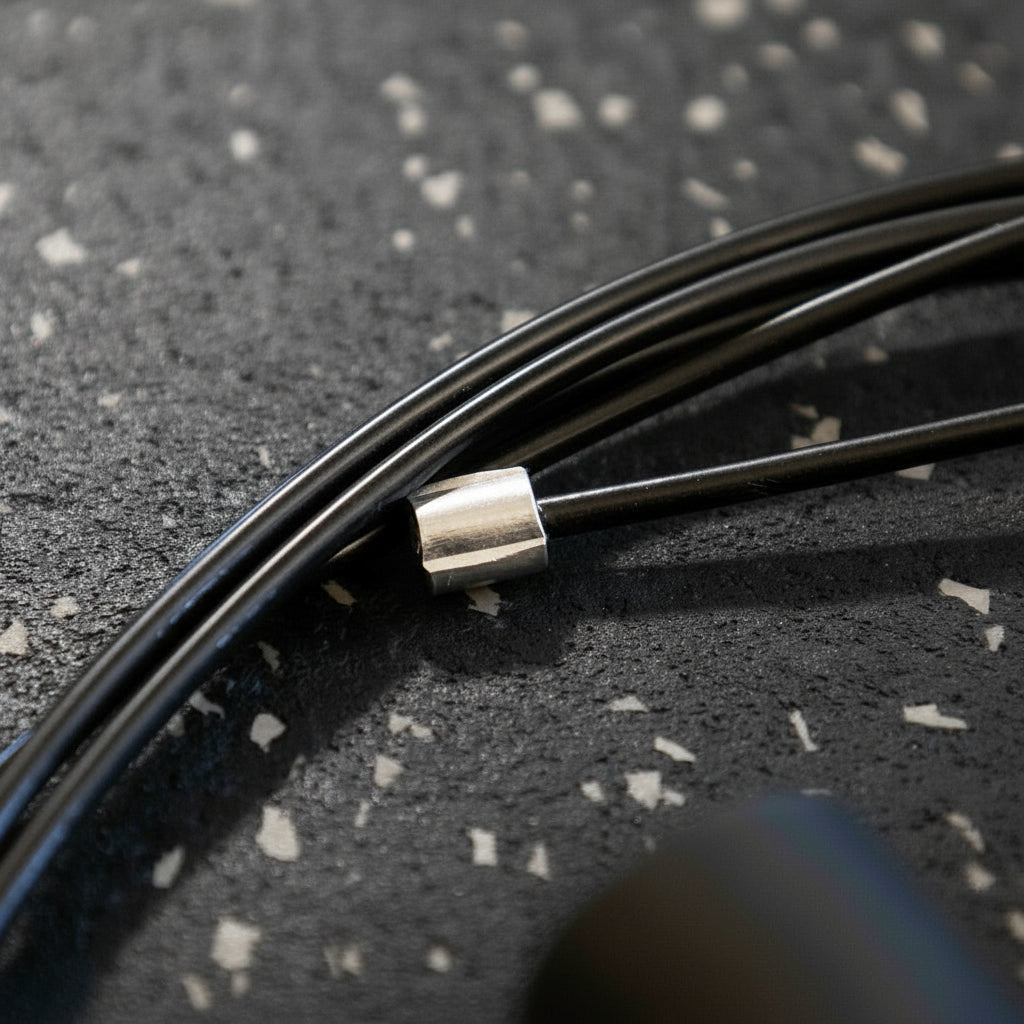 Coated steel cable of the Gorila CSR2 Speed Rope, highlighting adjustable length and tangle-resistant finish for elite-level fitness and jump training.