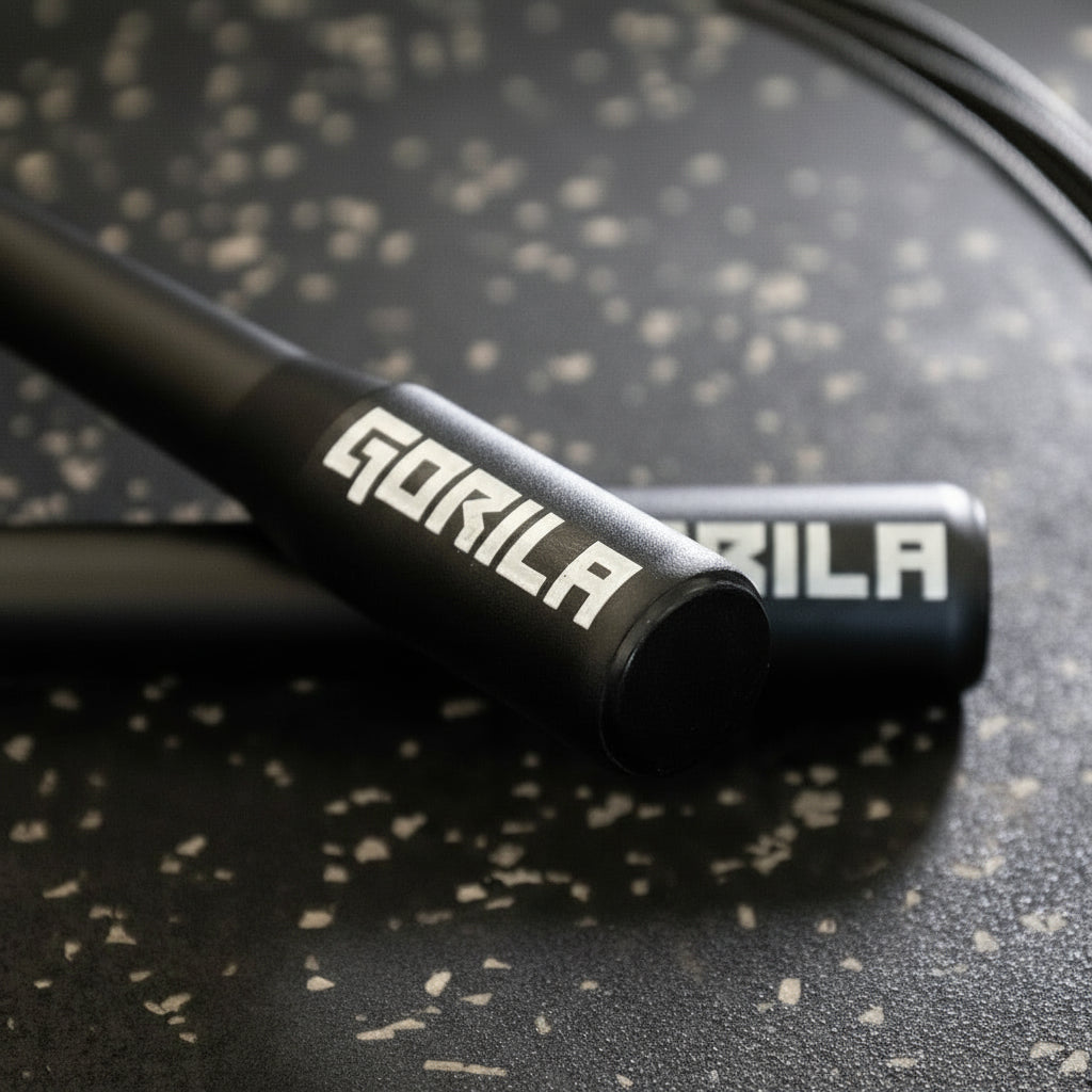 Close-up of Gorila CSR2 Speed Rope handle showing precision-machined aluminum grip and engraved Gorila logo for professional CrossFit and HIIT training.