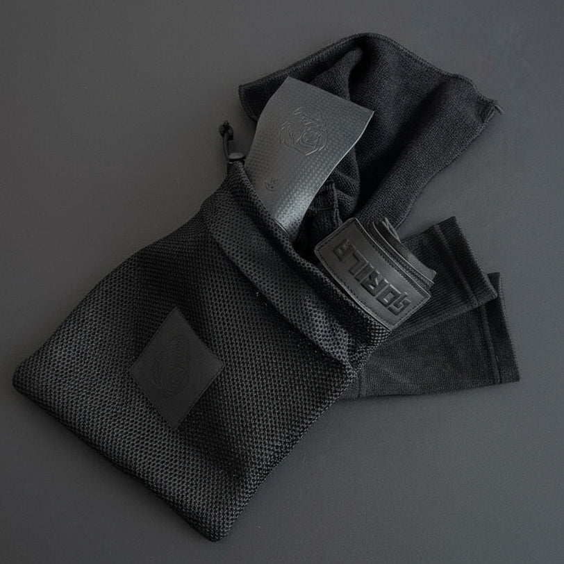 Carry bag included with Gorila Death Grips hand grips, gym accessory for storage and transport, designed for athletes and CrossFit training
