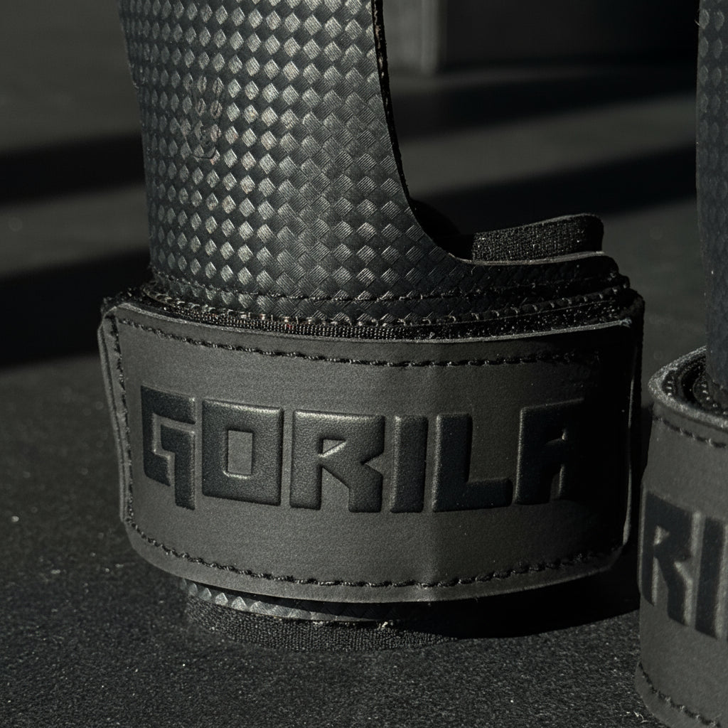 Macro detail of Gorila Death Grips showing sticky rubber surface and textured grip design, optimized for palm protection and pull-up bar adhesion