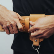 Detailed view of Gorila Leather Dip Accessory Strap and steel chain clip, showing reinforced stitching and compact Canadian craftsmanship.