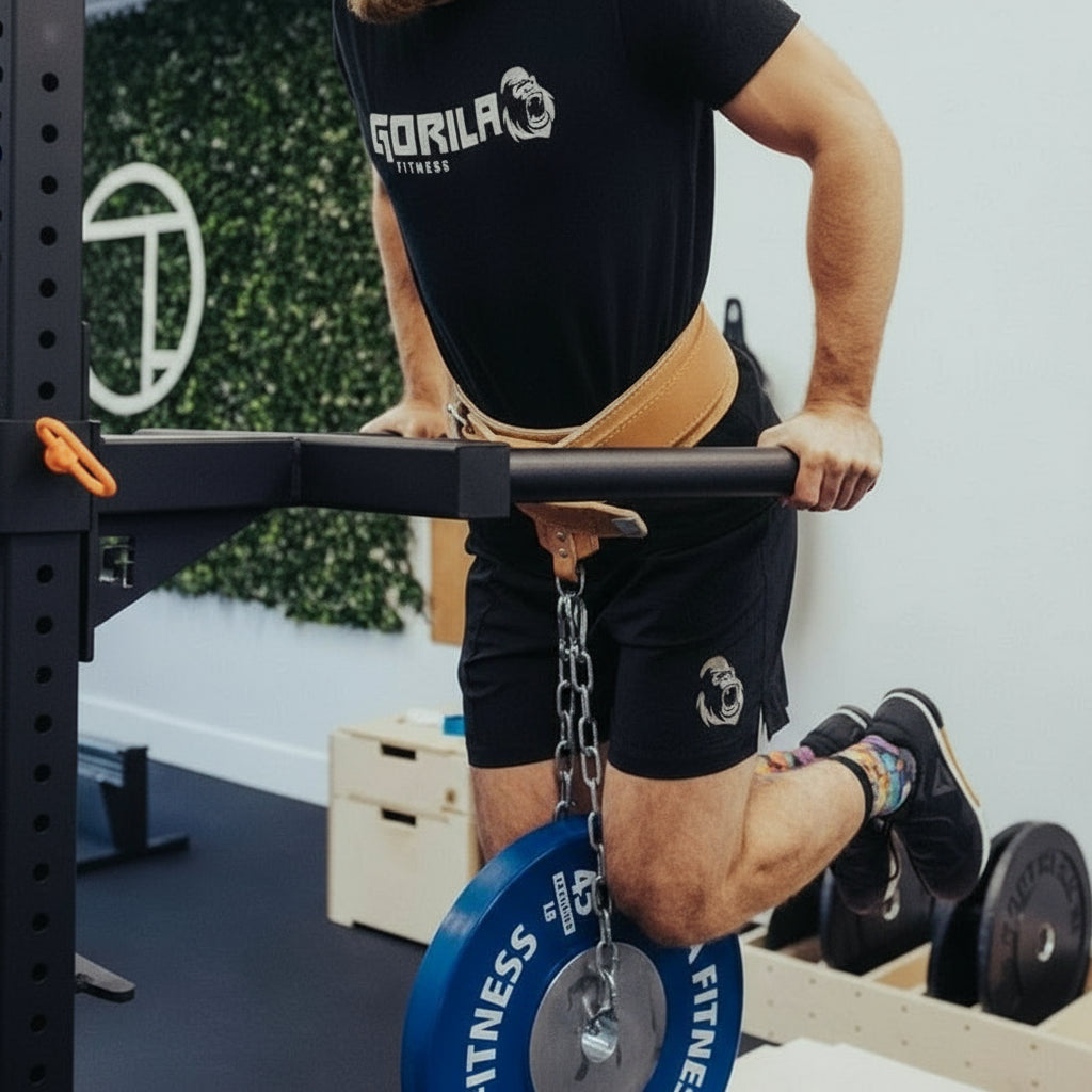Athlete performing weighted dips using Gorila Leather Dip Accessory Strap and chain setup for strength and hypertrophy training.