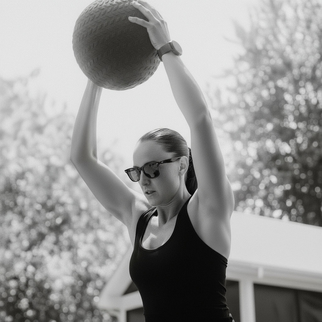 Female athlete performing HIIT, powerful overhead slams with the Gorila Fat Slam Ball in a functional gym setting, demonstrating impact resistance and stable rebound control