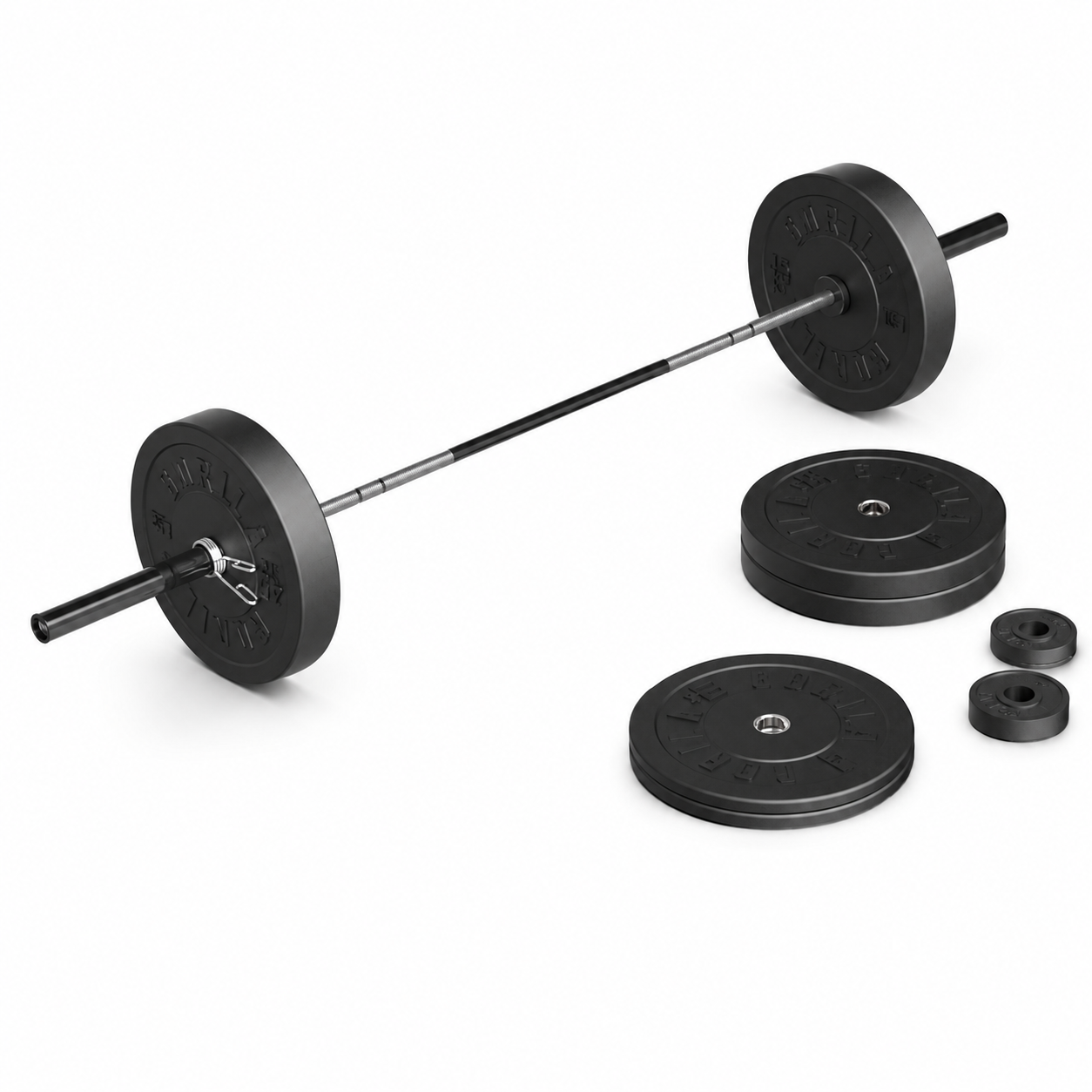 Gorila Scaled Bar and Plate Set with black bar, 220 lb barbell and Ox bumper plates