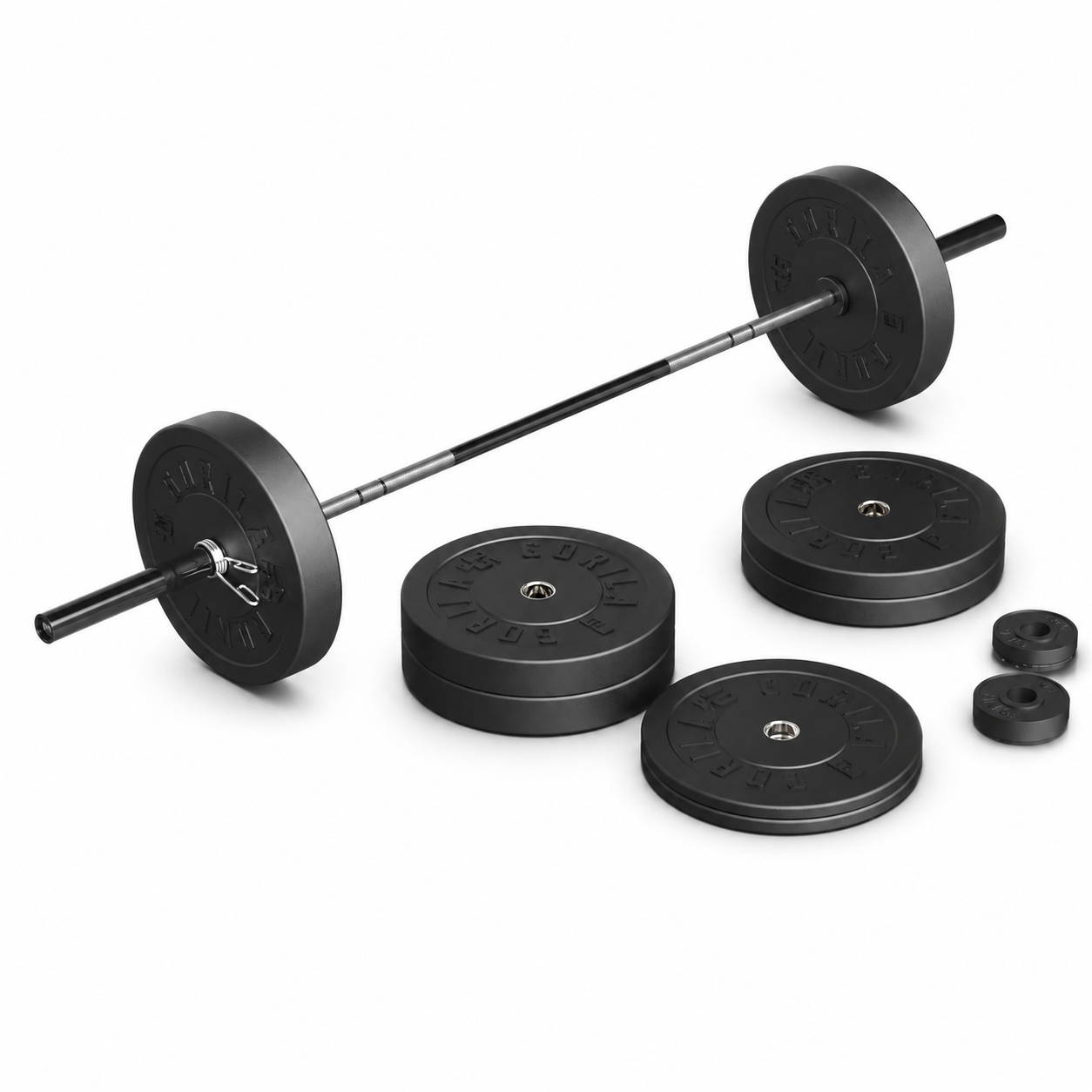 Gorila Rx Bar and Plate Set with black bar, 290 lb barbell and Ox bumper plates