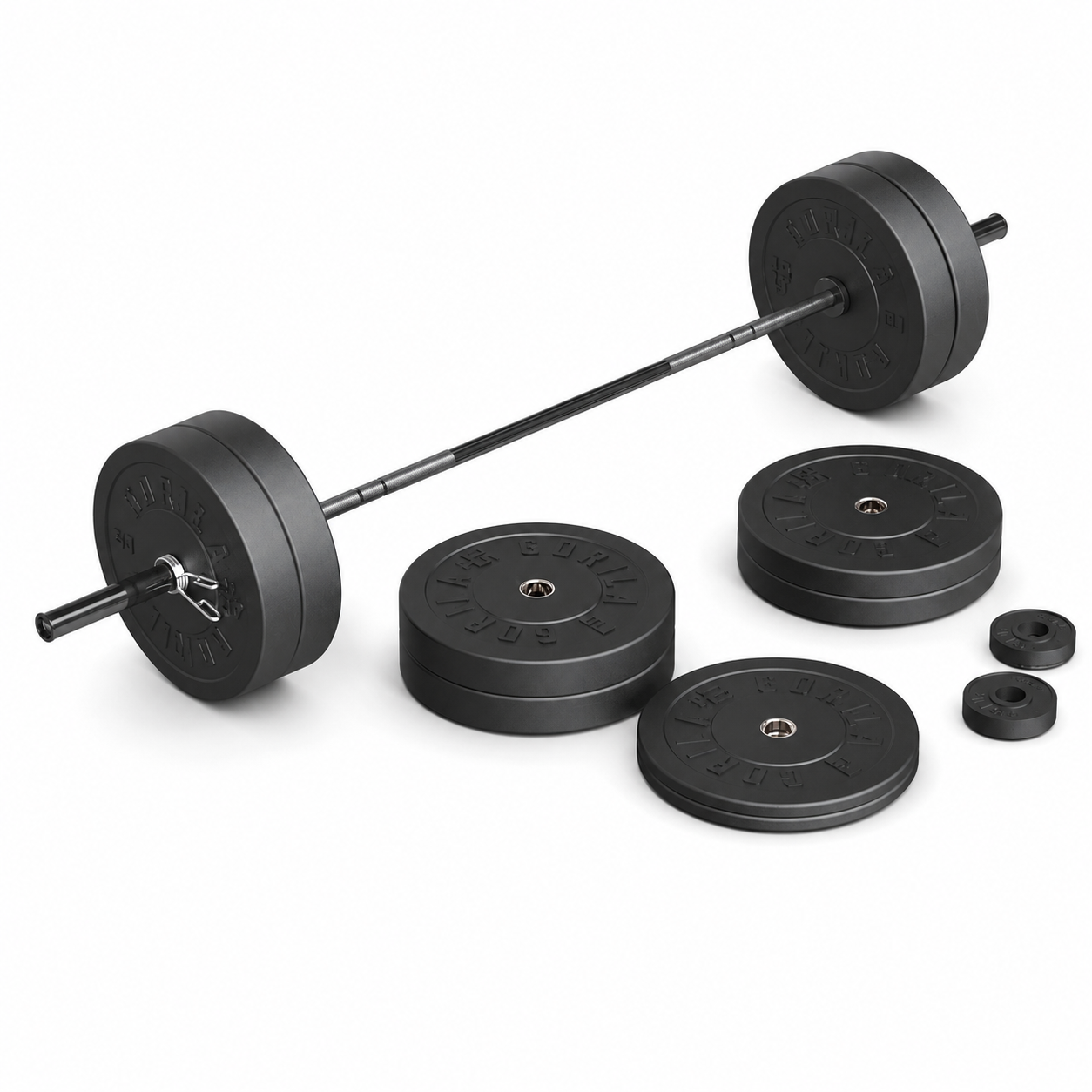 Barbell with 380lb of rubber weight plates on a white background