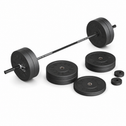 Barbell with 380lb of rubber weight plates on a white background