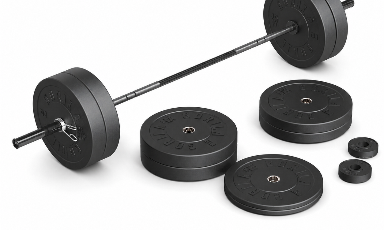 Barbell with 380lb of rubber weight plates on a white background