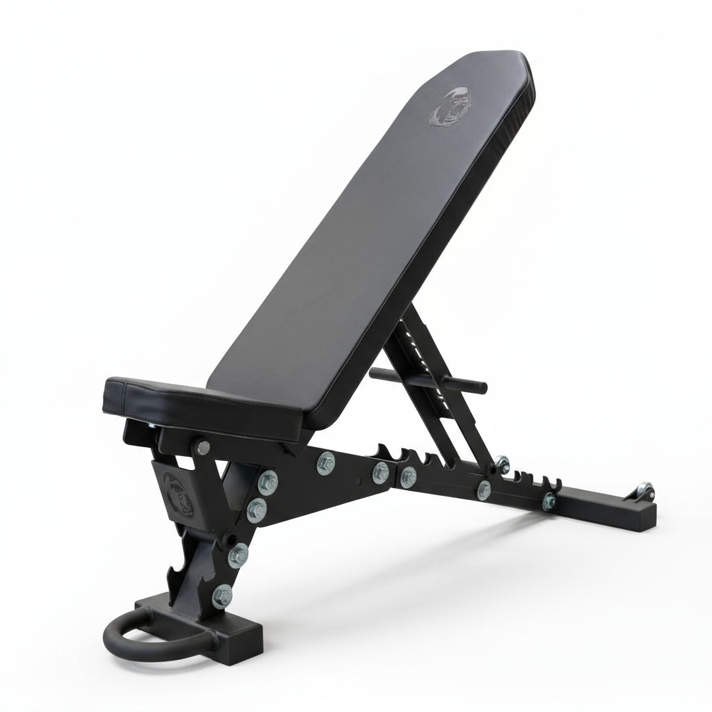 Gorila Fitness adjustable incline bench with black steel frame and premium padding, heavy-duty construction made in Canada for strength training gyms