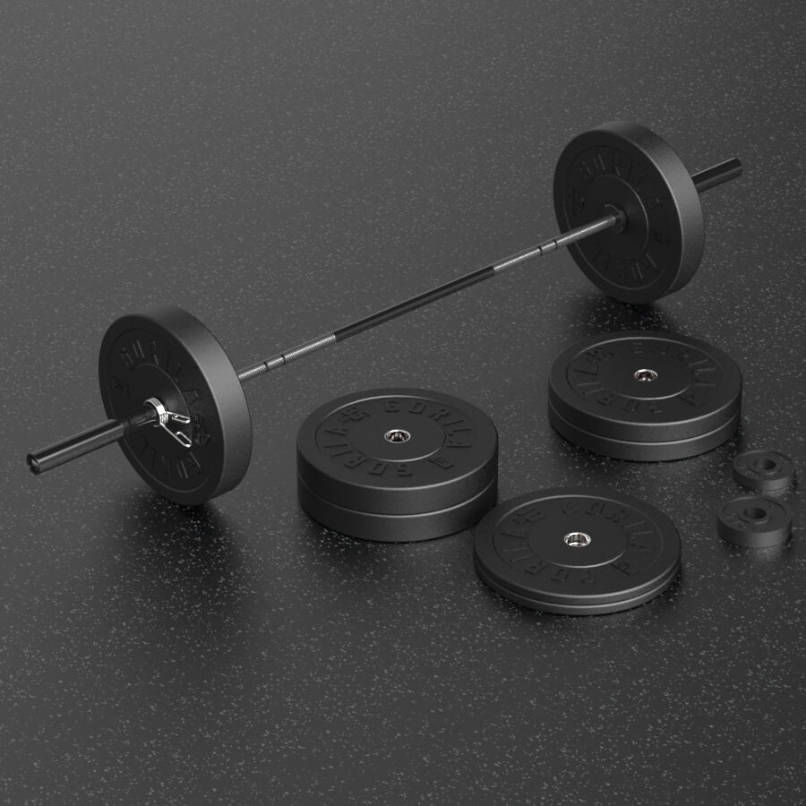 Complete set of Olympic Barbell with 290 lb weight plates on a dark surface