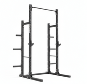 Gorila Fitness HR90 Half Rack in black – heavy-duty 3x3 steel squat rack with pull-up bar and storage pegs, designed for home gyms and performance training.