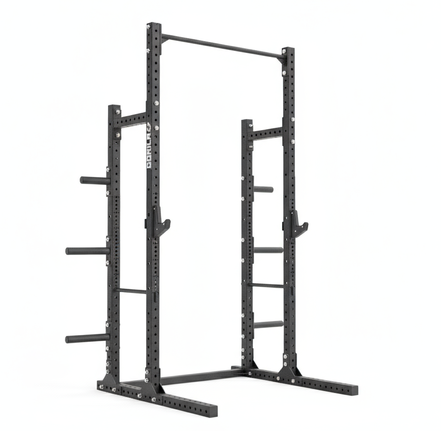 Gorila Fitness HR90 Half Rack in black – heavy-duty 3x3 steel squat rack with pull-up bar and storage pegs, designed for home gyms and performance training.