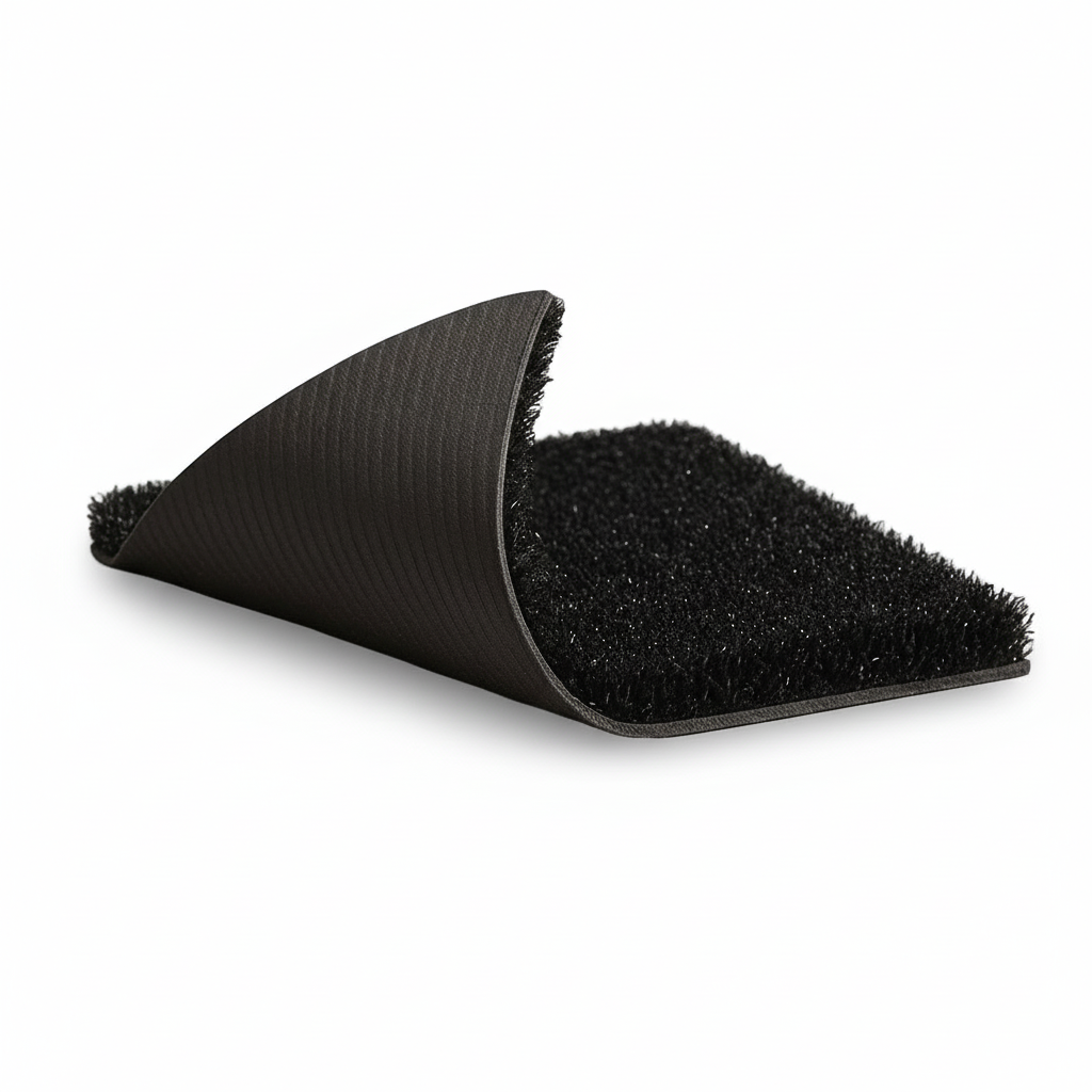 Close-up of HYROX turf corner lifted to reveal durable black foam underlayer. Premium Gorila Fitness turf engineered for shock absorption, stability, and performance. Custom-made gym flooring available in standard HYROX specifications and custom options across Ontario, Quebec, and New Brunswick.