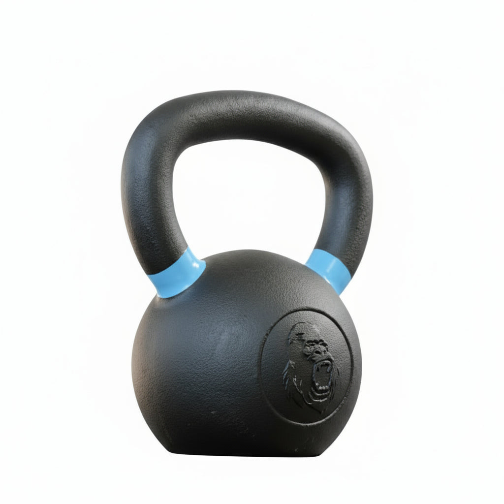 Gorila Fitness 12kg kettlebell with blue handle – precision-cast iron bell for strength, stability, and full-body workouts in Canadian gyms.
