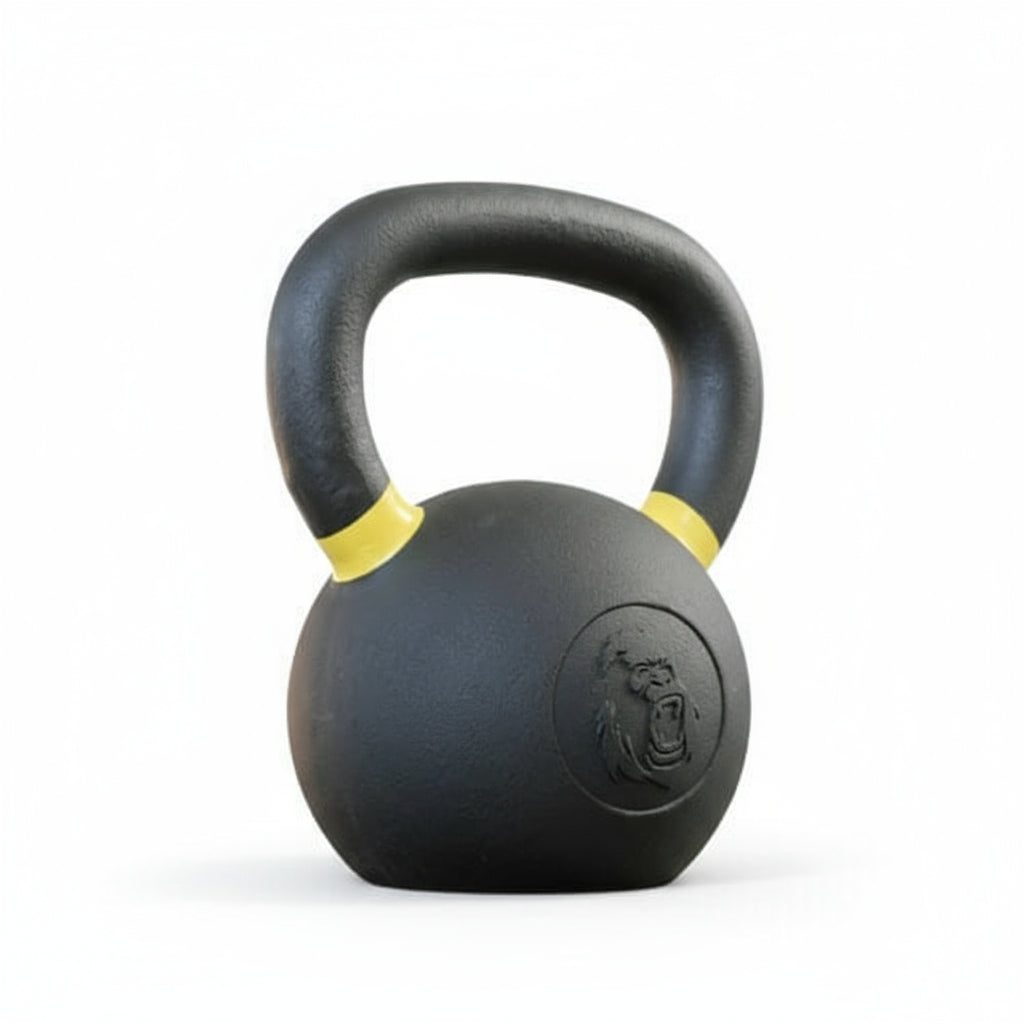 Gorila Fitness 16kg kettlebell with yellow handle – matte black finish, designed for grip comfort and balance.