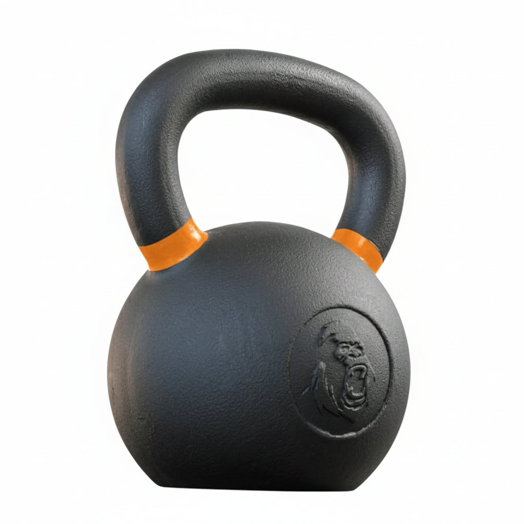 Gorila Fitness 28kg kettlebell with orange handle – advanced cast iron build with powder coat for optimal chalk adhesion and control.