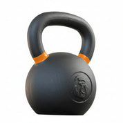 Gorila Fitness 28kg kettlebell with orange handle – advanced cast iron build with powder coat for optimal chalk adhesion and control.