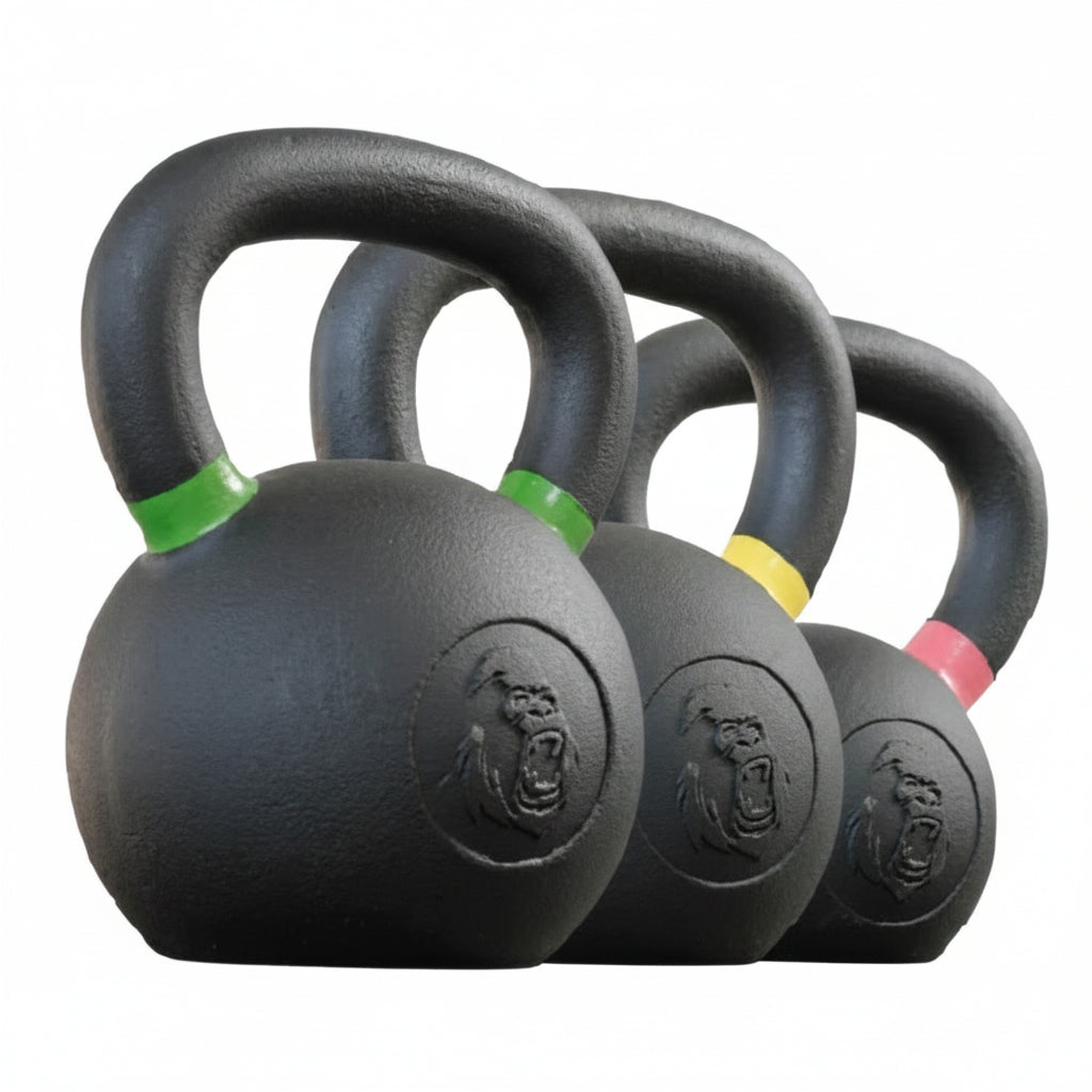 Gorila Fitness 44kg kettlebell set including 8kg, 16kg, and 24kg weights – premium matte black cast iron set for functional home gyms.
