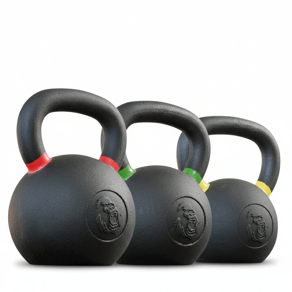 Gorila Fitness 72kg kettlebell set including 16kg, 24kg, and 32kg – durable color-coded handles for quick identification in group training.