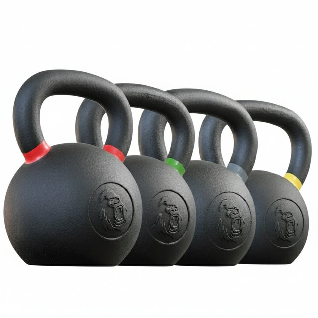 Gorila Fitness 92kg kettlebell set – complete matte black cast iron collection for strength, conditioning, and endurance workouts.