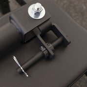Close-up of Gorila Fitness Landmine hinge and locking pin mechanism, showing durable build and smooth barbell rotation.