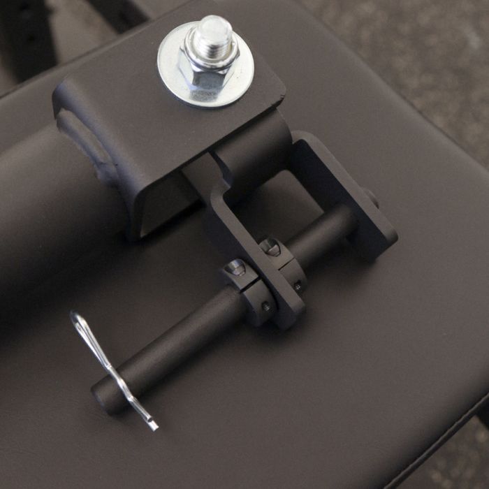 Close-up of Gorila Fitness Landmine hinge and locking pin mechanism, showing durable build and smooth barbell rotation.