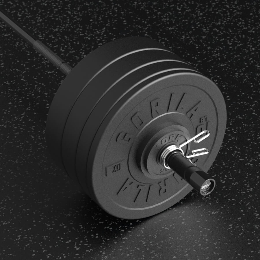 Barbell with weight plates on a dark textured background