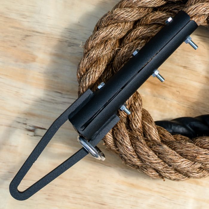 Heavy-duty steel hook and carabiner attachment for Gorila Manila Rope used on rigs or ceiling mounts.