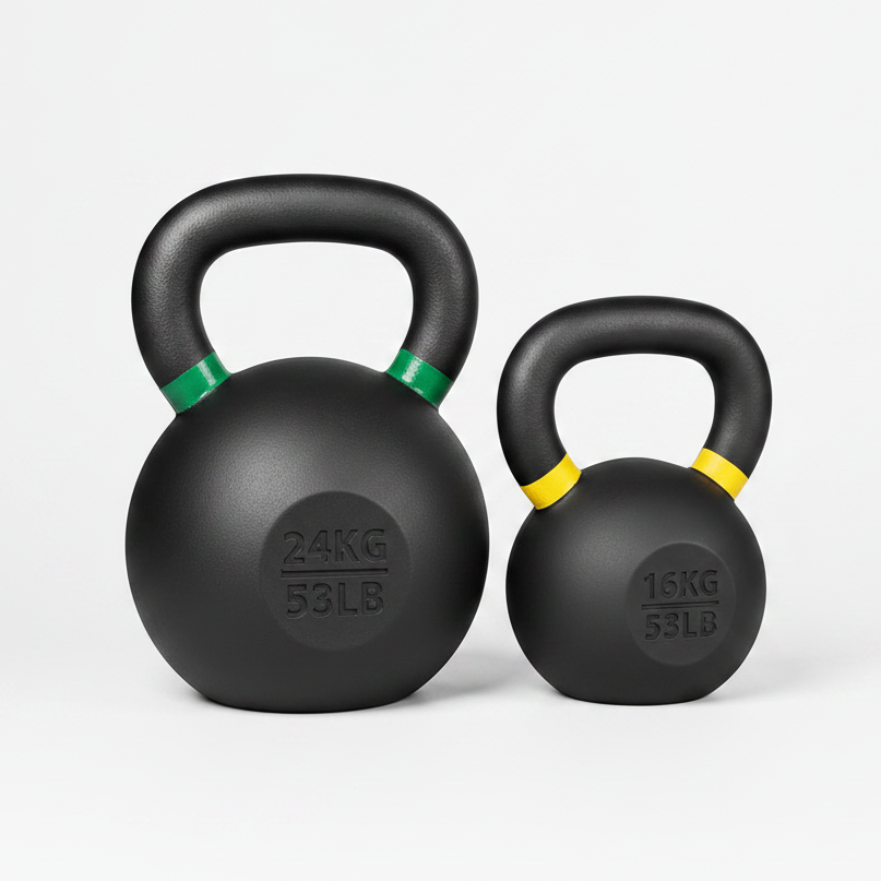 Two rubber-coated black kettlebells on a clean white background, one 24kg (53lb) and one 16kg (35lb), with green and yellow accents on the handles.