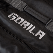 Gorila Fitness sandbag logo close-up on heavy duty black cordura training sandbag with reinforced stitching and zipper for functional fitness and cross training