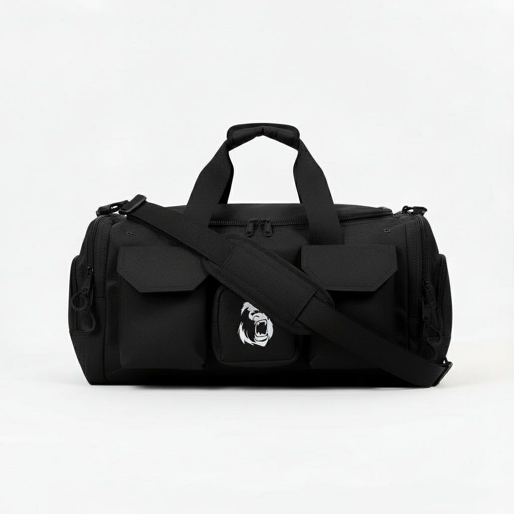 Gorila Gym Bag in black, front view on white background showing minimalist logo