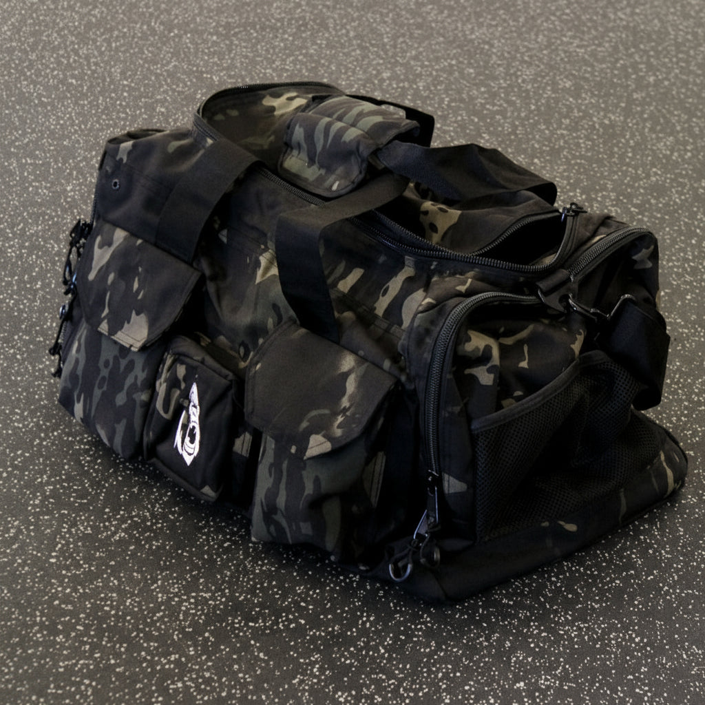 Angle view of the Gorila Gym Bag in camouflage military gym design with bold Gorila branding