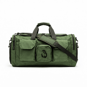 Gorila Gym Bag in olive green, side view showcasing front utility pockets, adjustable shoulder strap and reinforced carry handles