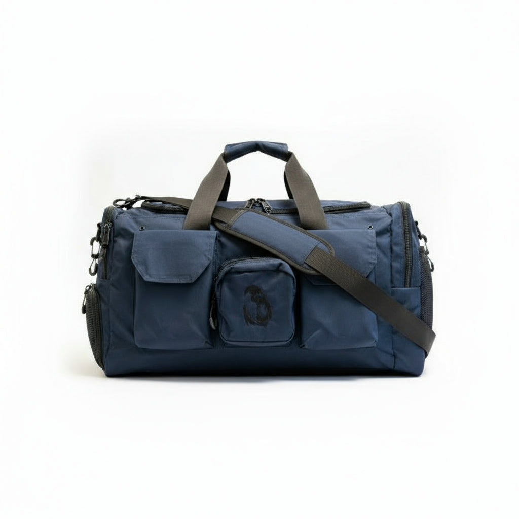 Gorila Gym Bag in navy blue, side view highlighting reinforced handles and zippered pockets