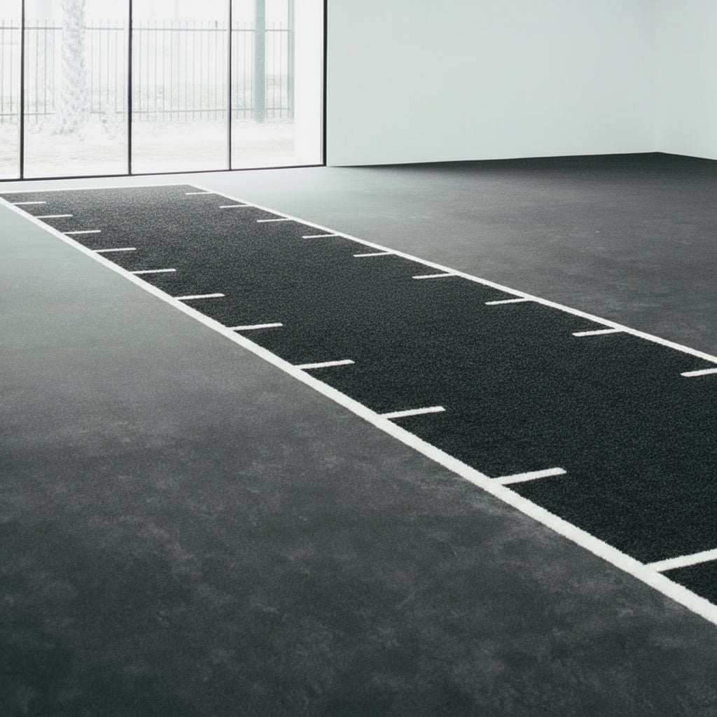 Gorila Flooring Black turf with custom white lanes and matching black flooring in a minimalist white and black gym setup.