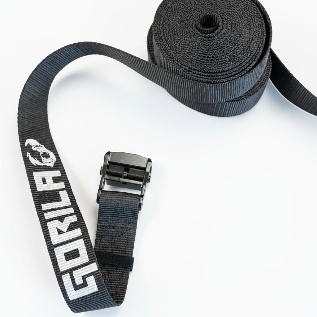 Close-up of Gorila gym ring strap and metal buckle showing durable stitching and quick-adjust design for secure setup.