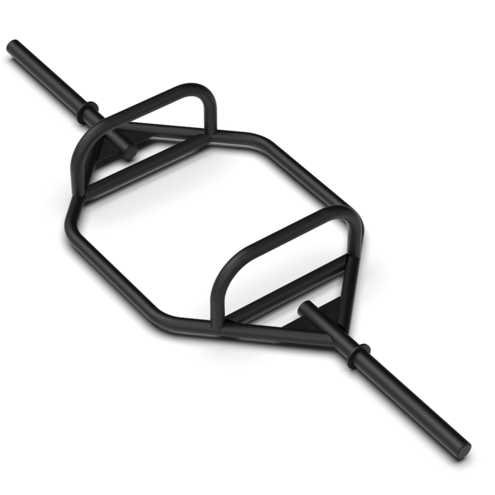 Gorila Harambe Trap Bar angled studio shot showing round 1.9-inch steel tubing, dual handle design, and matte black powder coat, precision-crafted in Quebec, Canada for strength and durability.