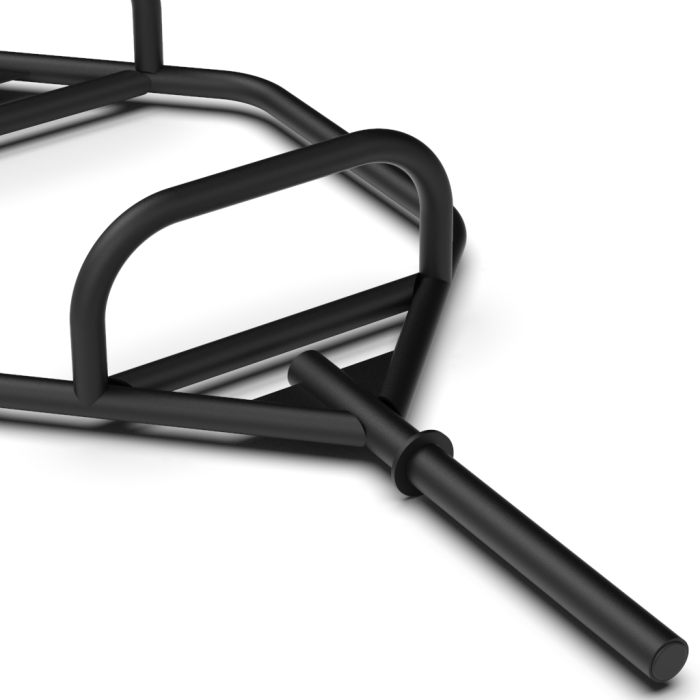 Front view of Gorila Harambe Trap Bar highlighting its ergonomic hexagonal frame, parallel handle spacing, and Canadian-made welded steel construction for deadlifts and shrugs.